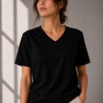 Kadın V Yaka Basic Tişört Kısa Kol Yazlık Regular Fit T-Shirt - Siyah