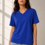 Kadın V Yaka Basic Tişört Kısa Kol Yazlık Regular Fit T-Shirt - Saks Mavisi