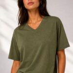 Kadın V Yaka Basic Tişört Kısa Kol Yazlık Regular Fit T-Shirt - Haki