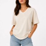 V Yaka Basic T-Shirt T-Shirt - Bej