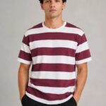 Çizgili Oversize T-Shirt Bisiklet Yaka T-Shirt - Bordo