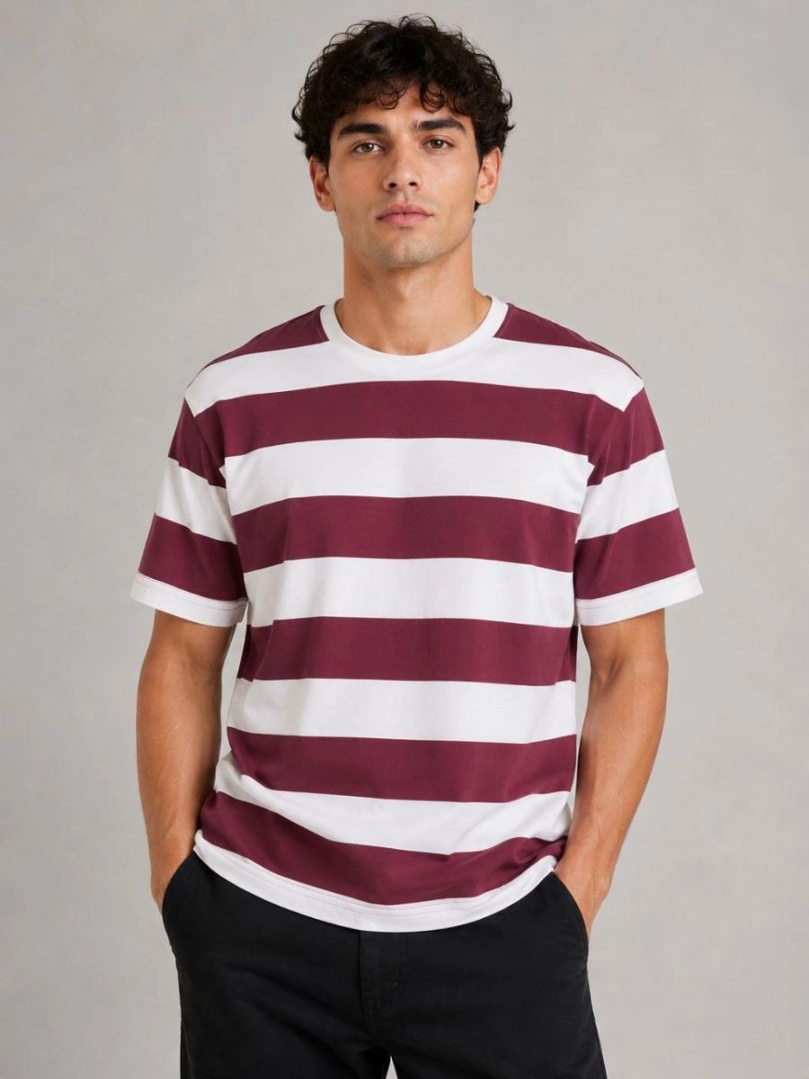 vlmrtr-10742_6a00d649df79b-26960052-sw960sh1280-905upwef.jpg Çizgili Oversize T-Shirt Bisiklet Yaka T-Shirt - Bordo - Görsel 1