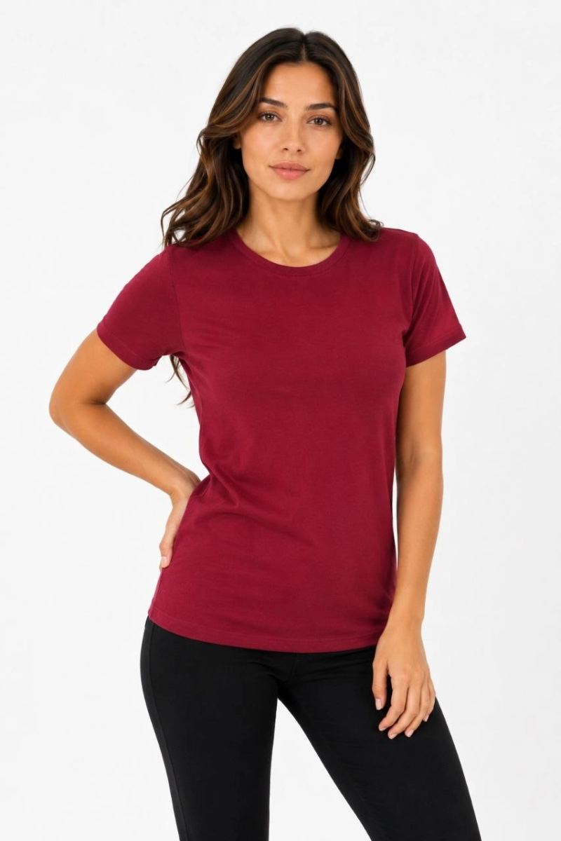 vlmrtr-10761_6a099db107694-9364350-sw853sh1280-206ygirz.jpg Kadın Basic Tişört Bisiklet Yaka Kısa Kol Günlük Yazlık Slim fit T-Shirt - Bordo - Görsel 1