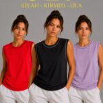 Kadın 3’lü Kolsuz Sporcu Atlet Seti Yazlık Bisiklet Yaka - Siyah, Kırmızı, Lila