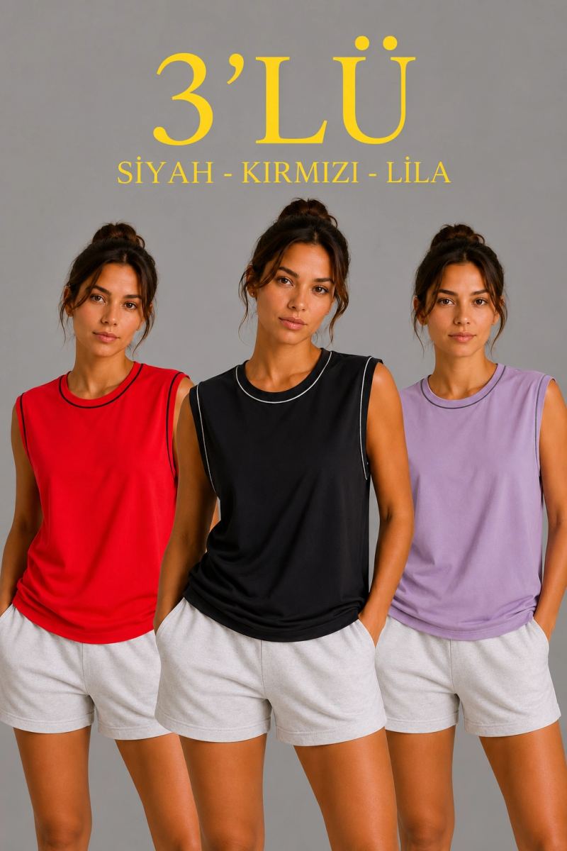 vlmrtr-10825_6a0de3763debe-95172560-sw1024sh1536-1oq4f3oo.jpg Kadın 3’lü Kolsuz Sporcu Atlet Seti Yazlık Bisiklet Yaka - Siyah, Kırmızı, Lila - Görsel 1