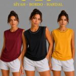 Kadın 3’lü Kolsuz Sporcu Atlet Seti Yazlık Bisiklet Yaka - Siyah, Bordo, Hardal