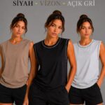 Kadın 3’lü Kolsuz Sporcu Atlet Seti Yazlık Bisiklet Yaka - Siyah, Kahverengi, Gri