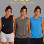 Kadın 3’lü Kolsuz Sporcu Atlet Seti Yazlık Bisiklet Yaka - Siyah, Haki, Mavi