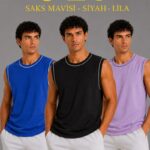Erkek 3’lü Kolsuz Sporcu Atlet Seti Yazlık Bisiklet Yaka - Siyah, Lila, Saks Mavisi