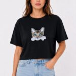 Kadın Kedi Baskılı Oversize Crop Tişört Salaş Basic Yarım Kol T-shirt - Siyah