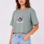 Kadın Kedi Baskılı Oversize Crop Tişört Salaş Basic Yarım Kol T-shirt - Mint Yeşili