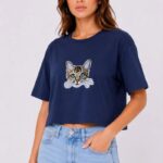 Kedi Baskılı Oversize Crop T-Shirt Salaş Basic Yarım Kol T-shirt - Lacivert