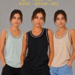 Kadın 3’lü Kolsuz Sporcu Atlet Seti Yazlık Bisiklet Yakalı - Mint Yeşili, Siyah, Bej