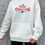 Yılbaşı Merry Christmas Baskılı Oversize Kapüşonlu Sweatshirt Hoodie - Beyaz