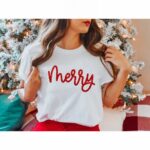 Yılbaşı Merry Christmas Baskılı Oversize Bisiklet Yaka T-shirt - Beyaz