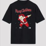 Yılbaşı Merry Christmas Noel Baba Baskılı Oversize Bisiklet Yaka T-shirt - Siyah