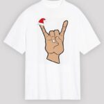 Yılbaşı Noel Başlıklı Serçe Parmak Baskılı Oversize Bisiklet Yaka T-shirt - Beyaz