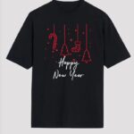 Yılbaşı Happy New Year Baskılı Oversize Bisiklet Yaka T-shirt - Siyah