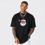 Yılbaşı Gözlüklü Noel Baba Baskılı Kısa Kollu Oversize Bisiklet Yaka T-shirt - Siyah