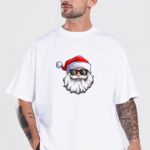 Yılbaşı Gözlüklü Noel Baba Baskılı Oversize Bisiklet Yaka T-shirt - Beyaz