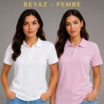 2'li Polo Yaka Pike Kumaş Düğmeli Basic T-Shirt Rahat Kesim - Beyaz, Pembe