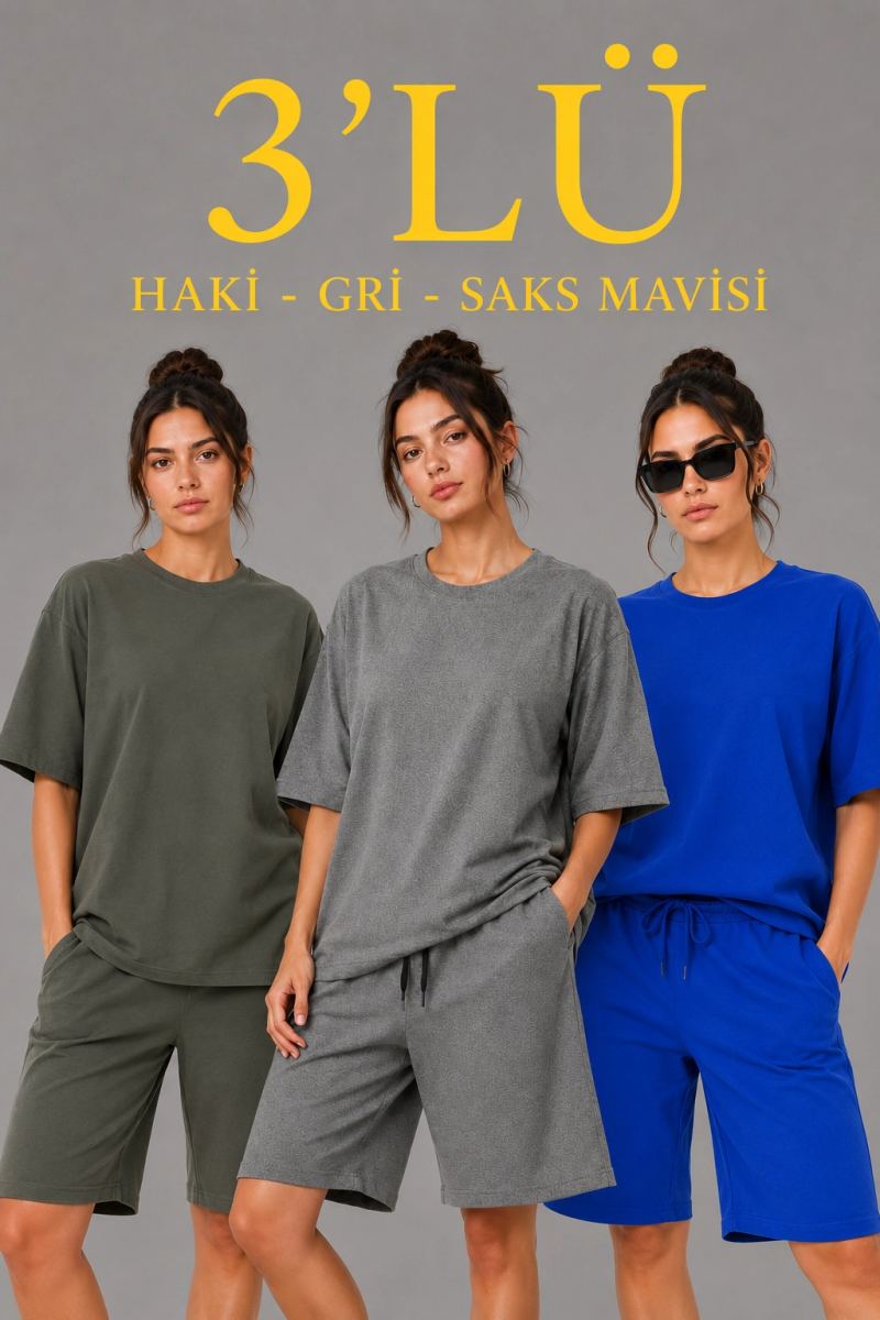 vlmrtr-11041_kadin-2li-oversize-tisort-sort-takim-seti-yazlik-iki-iplik-kumas-gri-saks-mavisi-haki-65019471-sw1024sh1536-2b7be4zs.jpg Kadın 3’lü Oversize Tişört Şort Takım Seti Yazlık İki İplik Kumaş - Gri, Saks Mavisi, Haki - Görsel 1
