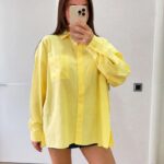 Kadın Oversize Pens Detaylı Cepli Yırtmaçlı Rahat Kalıp Poplin Gömlek - Sarı