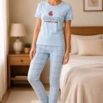 Kadın Pamuklu Penye Baskılı Kısa Kollu Bisiklet Yaka Ekose Desenli Pijama Takımı - Mavi