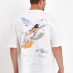 Erkek Kısa Kol Tişört Bisiklet Yaka MELEK Baskılı Oversize T-Shirt - Beyaz