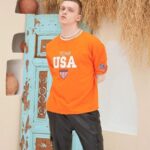 Erkek Bisiklet Yaka Tişört Nakış İşlemeli Kısa Kol Oversize T-Shirt - Turuncu