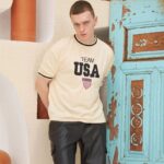 Erkek Bisiklet Yaka Tişört Nakış İşlemeli Kısa Kol Oversize T-Shirt - Bej