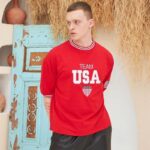 Erkek Bisiklet Yaka Tişört Nakış İşlemeli Kısa Kol Oversize T-Shirt - Kırmızı