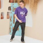 Erkek Bisiklet Yaka Tişört Nakış İşlemeli Kısa Kol Oversize T-Shirt - Mor