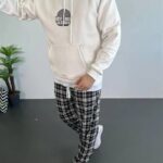 Erkek 3 İplik Pamuklu Kapüşonlu Baskılı Cepli Oversize Sweatshirt Hoodie - Beyaz