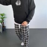 Erkek 3 İplik Pamuklu Kapüşonlu Baskılı Cepli Oversize Sweatshirt Hoodie - Siyah