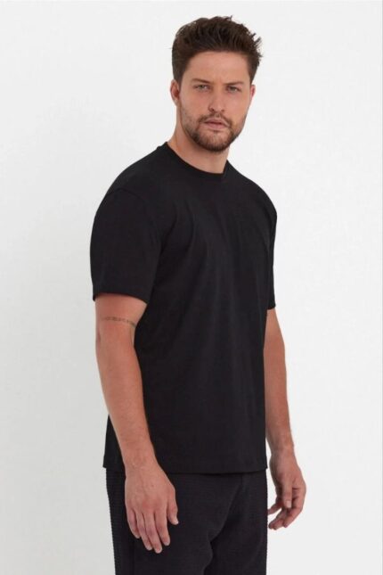 Erkek Düz Penye Tişört Bisiklet Yaka Kısa Kol Regular Fit T-Shirt - Siyah