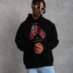 Erkek Kapüşonlu Cepli Box Eldiven Baskılı 3 İplik Sweatshirt Hoodie - Siyah