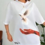 T-Shirt Bisiklet Yaka Uzi Güvercin Baskılı T-Shirt - Beyaz