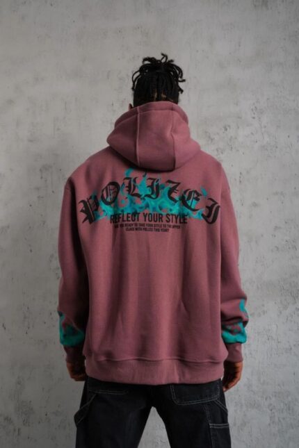 3 İplik içi Pamuklu Alev Baskılı Kapüşonlu hoodie Sweatshirt - Gül Kurusu