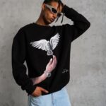 Erkek Güvercin Baskılı 3 iplik Bisiklet Yaka ipamuklu Sweatshirt - Siyah