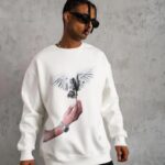 Erkek Güvercin Baskılı 3 iplik pamuklu Bisiklet Yaka Sweatshirt - Beyaz