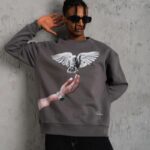 Güvercin Baskılı 3 iplik pamuklu Bisiklet Yaka Sweatshirt - Gri