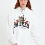 Kadın Oversize Kapüşonlu Cepli Baskılı 3 İplik Pamuklu Hoodie Sweatshirt - Beyaz