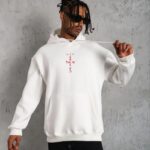 Erkek Kordonlu Arka Maske Kordon Saçlı Kapüşonlu sweatshirt hoodie - Beyaz