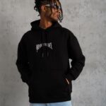 Erkek 3 İplik Pamuklu Baskılı Kapüşonlu Cepli Sweatshirt Hoodie - Siyah
