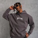 Erkek 3 İplik Pamuklu Baskılı Kapüşonlu Cepli Sweatshirt Hoodie - Füme