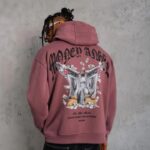 Erkek 3 İplik Pamuklu Baskılı Kapüşonlu Cepli Sweatshirt Hoodie - Gül Kurusu