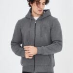 Erkek 3 İplik Pamuklu Fermuarlı Kapüşonlu Kanguru Cepli Hoodie Hırka Sweatshirt - Füme