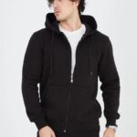 Erkek 3 İplik Pamuklu Fermuarlı Kapüşonlu Kanguru Cepli Hoodie Hırka Sweatshirt - Siyah