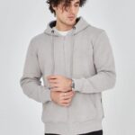 3 İplik Pamuklu Fermuarlı Kapüşonlu Kanguru Cepli Hoodie Hırka Sweatshirt - Boyalı Gri